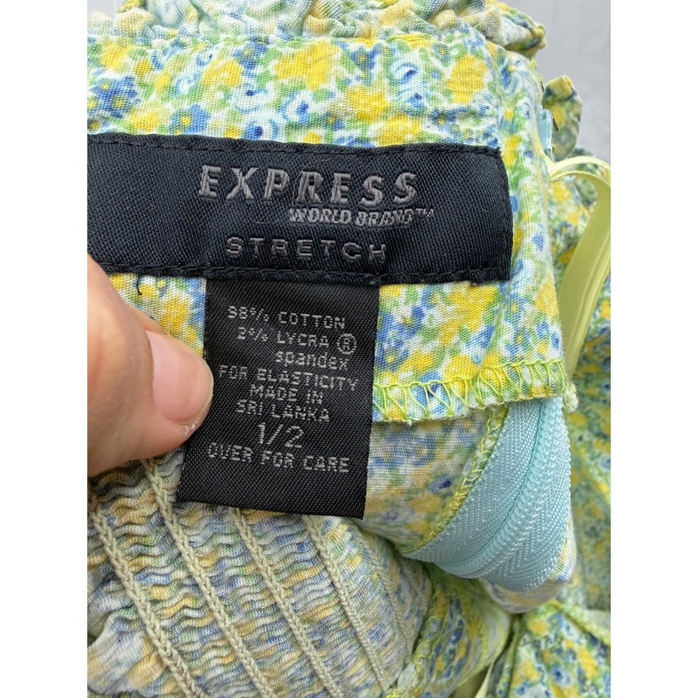vintage Express Strapless Floral Mini Dress sz 1/2 Yellow Blue Smocked Bodycon - Picture 6 of 10